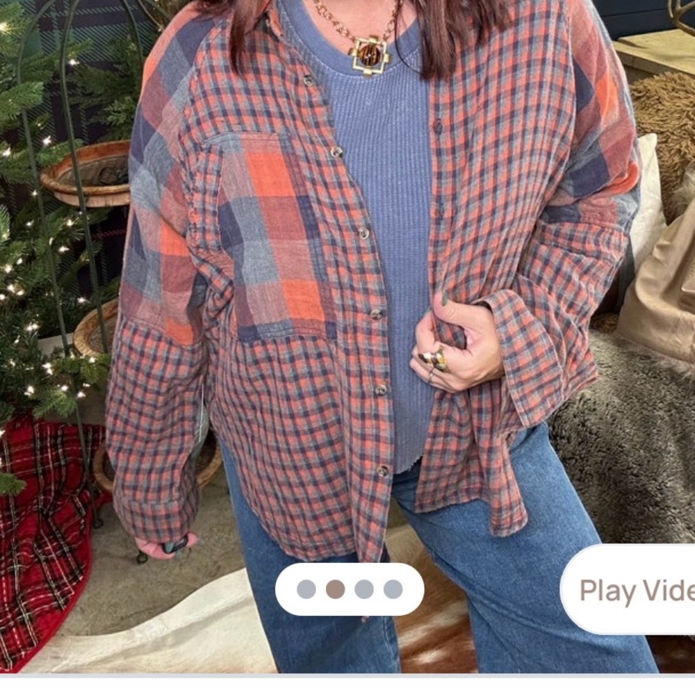 easel Plaid Button-Up in Orange and Blue- NWT